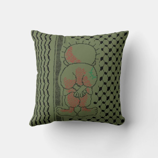 Cojín Decorativo Palestina Handala Kufiya Pattern Olive Green (Reverso)