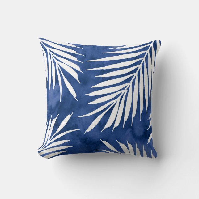 Cojín Decorativo Palm azul índigo deja una silueta acuarela (Anverso)