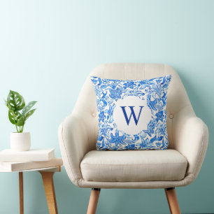 Cojín Decorativo Palm Beach Preppy Imprime Flores Azules Monograma
