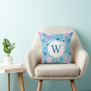 Cojín Decorativo Palm Beach Preppy Imprime Flores rosas azules Mono