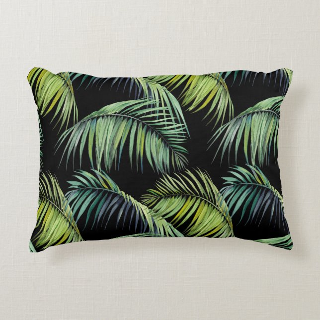 Cojín Decorativo Palm Leaves: Acuarela de fondo negro. (Anverso)