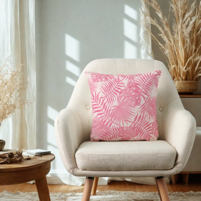 Cojín Decorativo Palm Tree rosa y Monstera estética tropical Boho (PInk aesthetic tropical leaves throw pillow)
