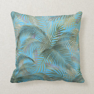 Cojín Decorativo Palm tropical caribeña deja color de agua en azul