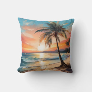 Cojín Decorativo Palmera en playa tropical al atardecer