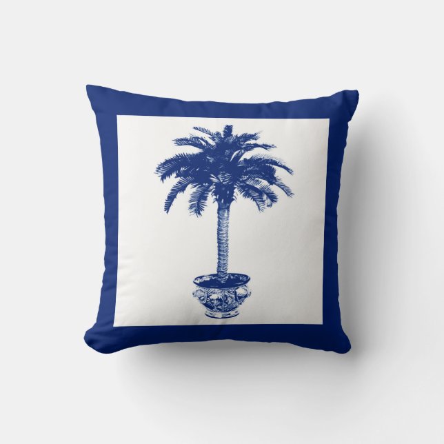 Cojín Decorativo Palmera Potted - azules marinos y blanco (Anverso)