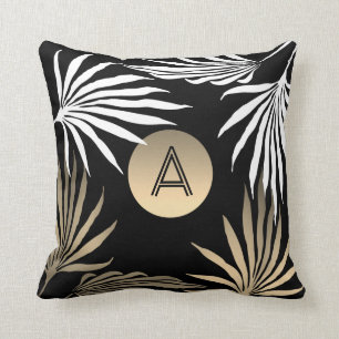 Cojín Decorativo Palmera Tropical Exótica Monograma Negro y Dorado