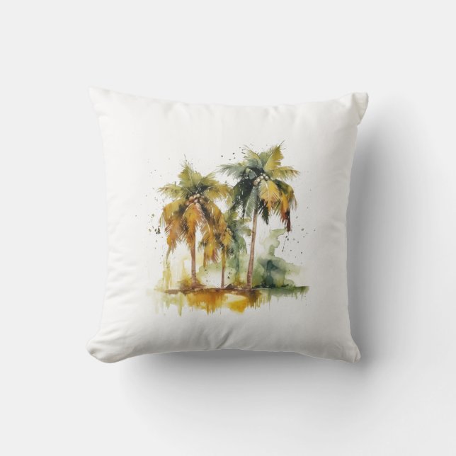 Cojín Decorativo Palmeras en trópicos acuáticos verdes y amarillos (Anverso)