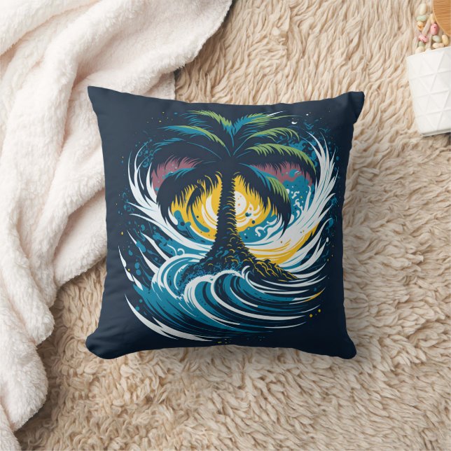 Cojín Decorativo Palmeras pintadas con olas marinas (Manta)