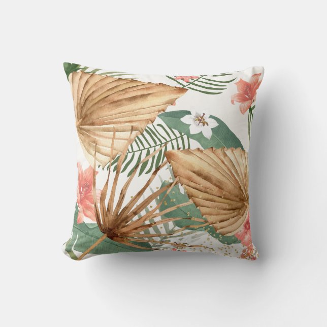 Cojín Decorativo Palmeras Secas Tropicales Acuarela Floral (Anverso)