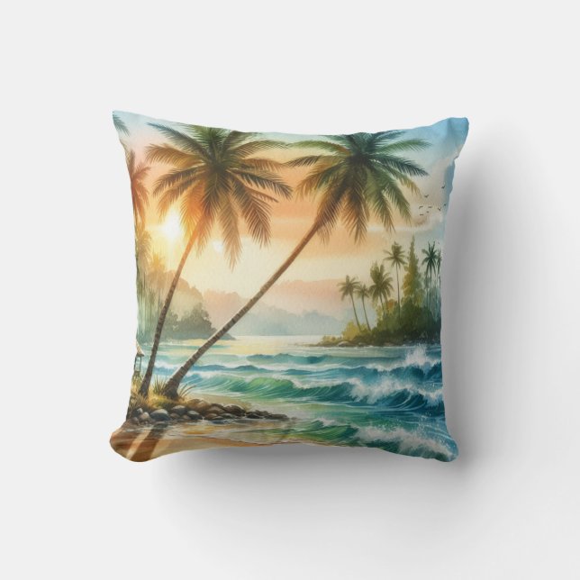 Cojín Decorativo Palmeras Tropical Beach Ocean Waves Sunset (Anverso)