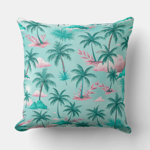 COJÍN DECORATIVO PALMERAS Y PLANTAS TROPICALES VERDES Y ROSADAS
