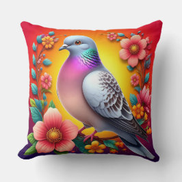 Cojín Decorativo Paloma colorida rodeada de flores vibrantes