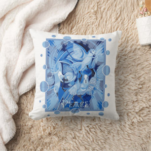 Cojín Decorativo Paloma con texto de paz celta en tonos azules