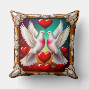 Cojín Decorativo Palomas Blancas Amorosas Enmarcadas con Corazones