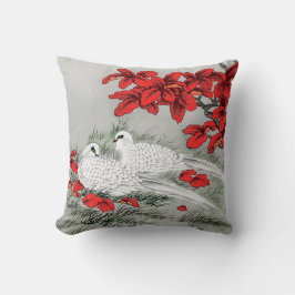 Cojín Decorativo Palomas blancas vintage y hojas rojas sobre gris