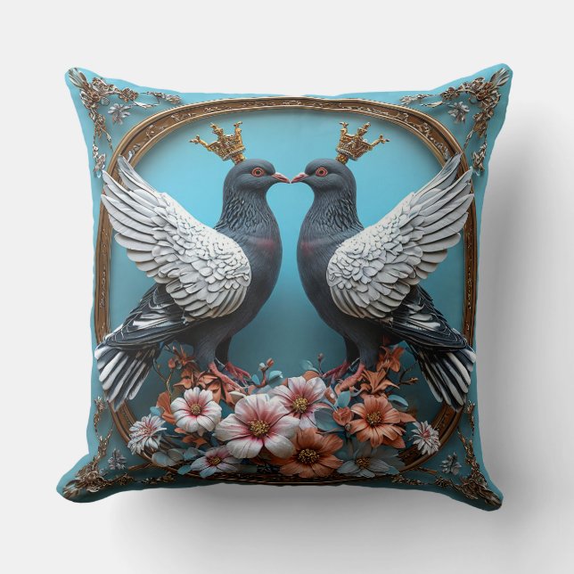 Cojín Decorativo Palomas Majestuosas con Coronas Aves Elegantes Rea (Anverso)