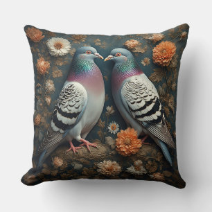 Cojín Decorativo Palomas Vibrantes Rodeadas de Flores en Flor
