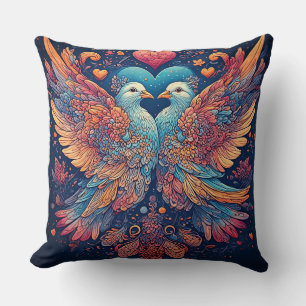 Cojín Decorativo Palomas Vibrantes Rodeadas de Flores en Flor