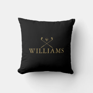 Cojín Decorativo Palos de Golf Personalizados Nombre Negro y Dorado