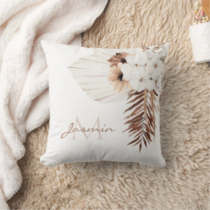 Cojín Decorativo Pampas de hierba marrón rústico orquídeas blancas 