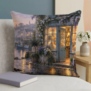 Cojín Decorativo Panadería de pueblo costero al amanecer