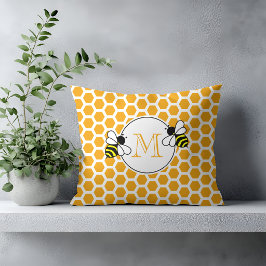 Cojín Decorativo Panal de abeja naranja y patrón de abejas monogram