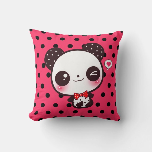 Cojín Decorativo Panda de Kawaii en lunares negros (Anverso)