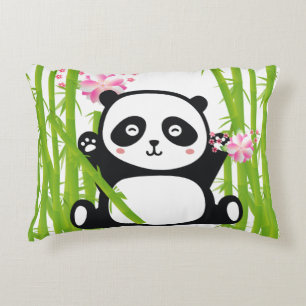 Cojín Decorativo Panda feliz con flores de bambú y cerezo