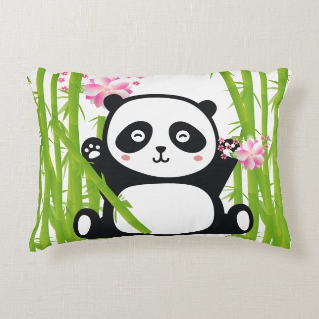 Cojín Decorativo Panda feliz con flores de bambú y cerezo (Anverso)