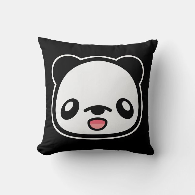 Cojín Decorativo Panda Feliz Kawaii Sobre Negro (Anverso)