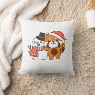 Cojín Decorativo Panda Rojo Con Snowman En Invierno Para Navidades