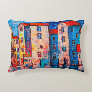 Cojín Decorativo Panorama de calle con casas coloridas. Impresión