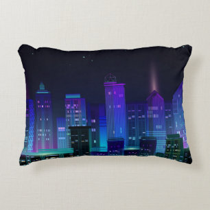 Cojín Decorativo Panorama de la ciudad nocturna con neón resplandec