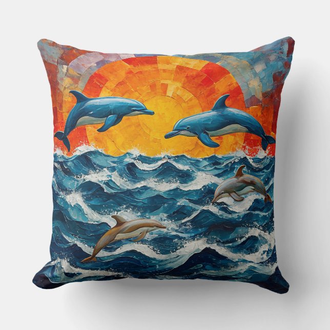 Cojín Decorativo Panorama marino de delfines (Anverso)