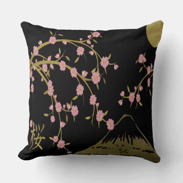 Cojín Decorativo Pantalla rosa Sakura Gold en japonés negro (Anverso)