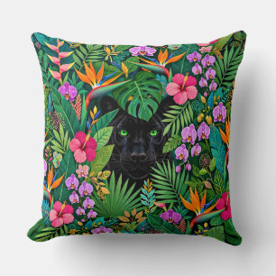Cojín Decorativo Pantera Negra Flores de la Jungla y Follaje Tropic