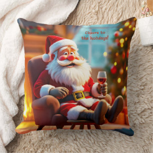 Cojín Decorativo Papá Noel divertido relajándose con vino tinto