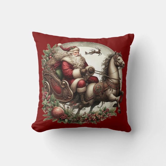 Cojín Decorativo Papá Noel en un trineo y un caballo (Anverso)