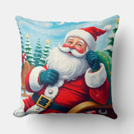 Cojín Decorativo Papá Noel feliz relajándose en un trineo festivo