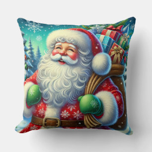 Cojín Decorativo Papá Noel festivo sosteniendo una bolsa de regalos