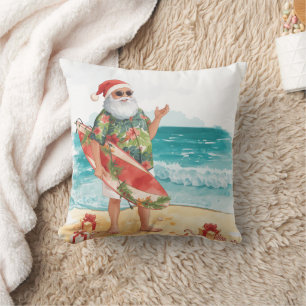 Cojín Decorativo Papá Noel Navidad en julio en el surfista de la pl