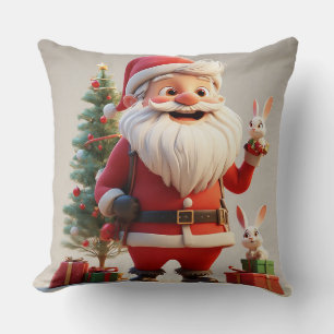 Cojín Decorativo Papá Noel sosteniendo regalo con conejos
