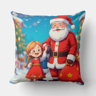 Cojín Decorativo Papá Noel y niña con una bolsa de regalos