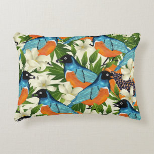 Cojín Decorativo Papaya tropical y patrón de aves.