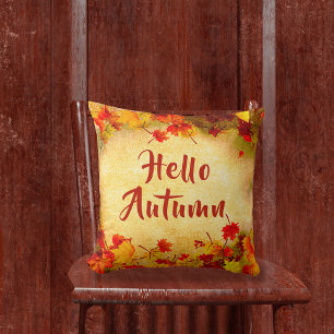 Cojín Decorativo Papel antiguo Hola Otoño Hojas rojas y naranjas