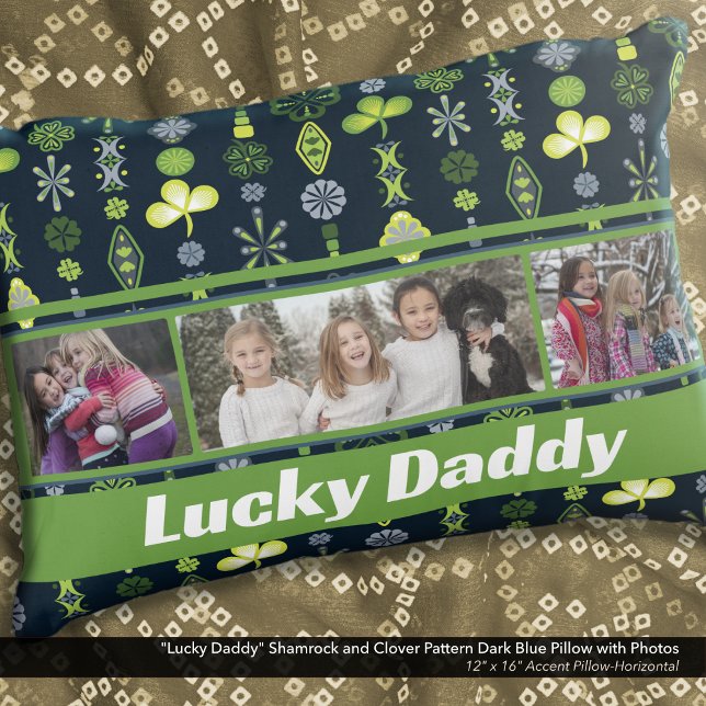 Cojín Decorativo "Papi afortunado" Shamrock Clover Pattern Foto azu ("Lucky Daddy" Shamrock and Clover Dark Blue Pattern Pillow: Personalize with six different photos)