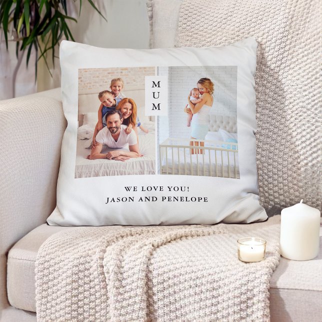 Cojín Decorativo Para Mamá | Cuadrícula fotográfica moderna de dos (A stylish pillow for mum with your favourite photos)