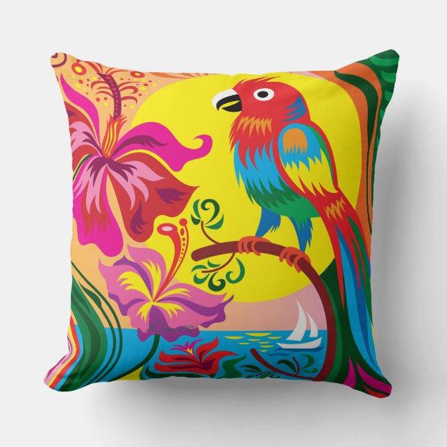Cojín Decorativo Paraíso de Loros Tropicales (Anverso)