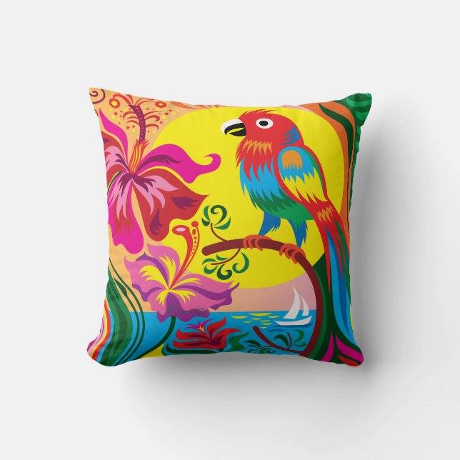 Cojín Decorativo Paraíso de Loros Tropicales (Anverso)