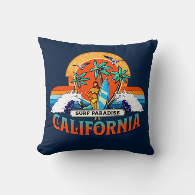 Cojín Decorativo Paraíso de Surf de California Retro Sunset (Anverso)